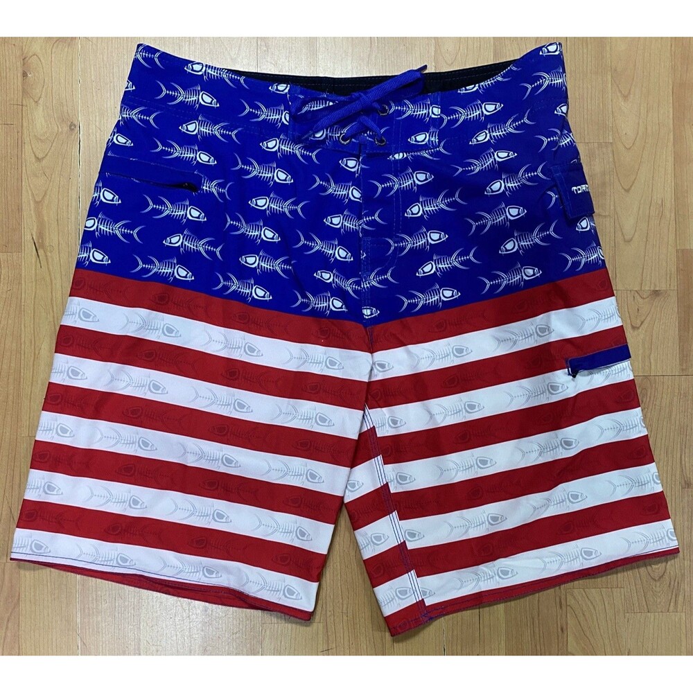Tormenter Bone Fish USA Flag Board Shorts Men's 36 Red White Blue Swim Trunks